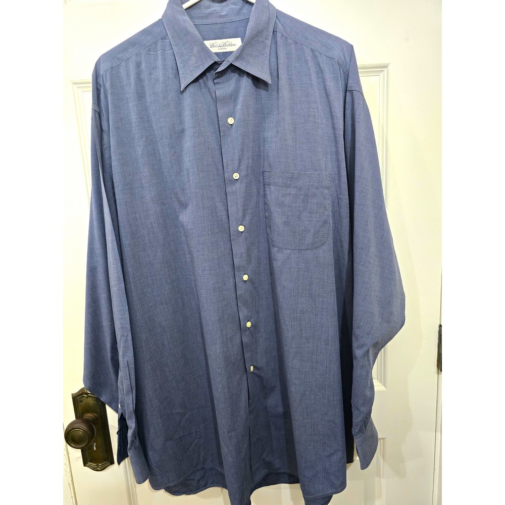 Brooks Brothers Mens Stretch Solid Blue Dress Shirt 17.5 34/35 Long Sleeve